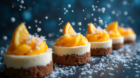 Mini cheesecakes feature creamy layers topped with fresh mango and a sprinkle of snowflakes, perfect for a festive dessert table. The dark background enhances their vibrant colors.の素材