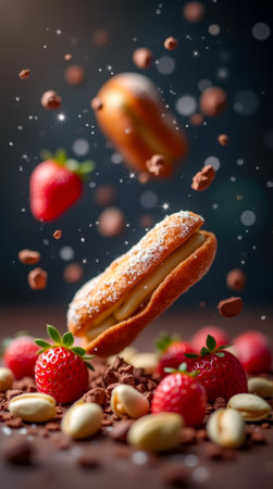 Delicately suspended pastries surrounded by fresh strawberries and chocolate fragments create an enchanting dessert composition, evoking a sense of delight.の素材