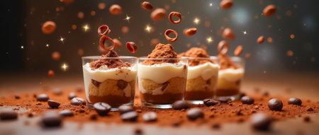 Three elegant dessert cups are filled with creamy layers and topped with cocoa powder, surrounded by scattered coffee beans, creating a festive atmosphere.の素材