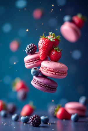 Bright pink and purple macarons float above a surface, surrounded by juicy strawberries, blackberries, and blueberries, creating a whimsical dessert display.の素材