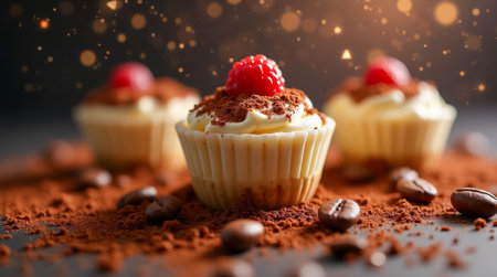 Mini cheesecakes with creamy toppings and raspberry garnishes are arranged on a dark surface, surrounded by coffee beans and cocoa powder, creating an inviting dessert display.の素材