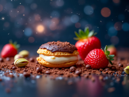A tempting chocolate-covered cookie rests among fresh strawberries and crushed nuts, surrounded by a dreamy bokeh background that enhances the sweet allure of the scene.の素材