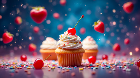 A trio of delightful cupcakes garnished with creamy frosting, cherries, and colorful sprinkles are surrounded by floating strawberries, creating a joyful and festive atmosphere.の素材