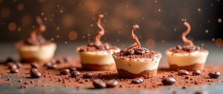 Mini desserts are beautifully arranged, featuring a creamy filling topped with chocolate shavings and coffee beans, creating an inviting atmosphere.の素材