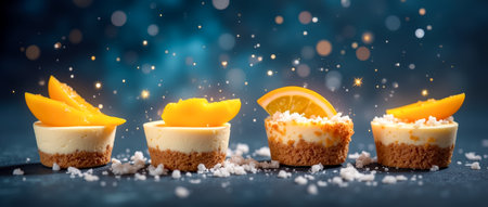 Mini cheesecakes sit elegantly on a dark surface, adorned with vibrant mango slices and a sprinkle of sugar, creating a delightful dessert presentation.の素材