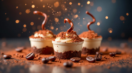 Three indulgent dessert cups filled with creamy sweetness and topped with cocoa powder and chocolate curls are artistically arranged with coffee beans, creating an inviting display.の素材