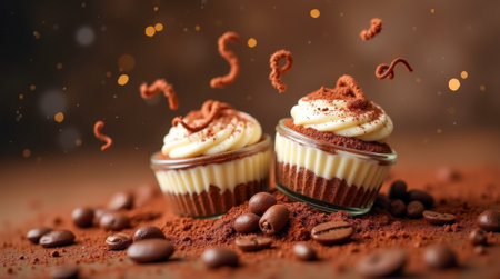 Two decadent chocolate cupcakes with rich frosting sit on a wooden countertop, surrounded by coffee beans and cocoa powder, creating a tempting dessert display.の素材