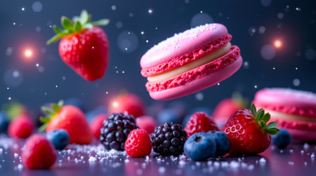 A delightful arrangement showcases pink macarons alongside strawberries and various berries, beautifully enhanced by sparkling effects on a dark background.の素材