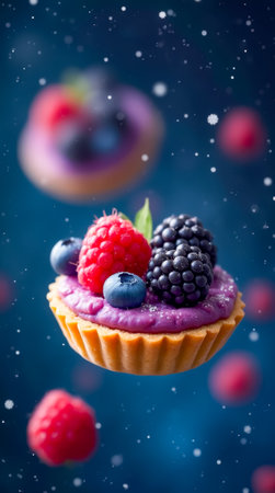 A vibrant tart filled with a creamy purple layer features fresh raspberries, blueberries, and blackberries, floating elegantly in a dreamy blue atmosphere.の素材