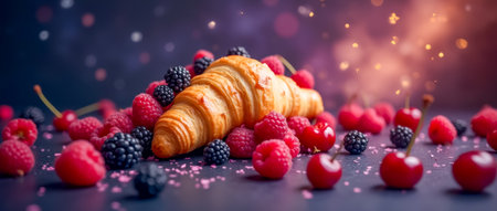 A beautifully arranged croissant rests atop a bed of vibrant raspberries and blackberries, creating an appealing contrast against a dark surface adorned with sparkling elements.の素材