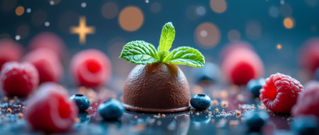 A beautifully crafted chocolate truffle sits at the center, garnished with a mint leaf, surrounded by vibrant raspberries and blueberries, creating an inviting dessert display.の素材