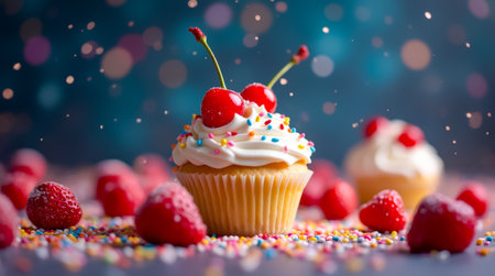 A tempting cupcake creamy featuresy frosting garnished with cherries and colorful sprinkles, surrounded by fresh raspberries and a vibrant backdrop.の素材