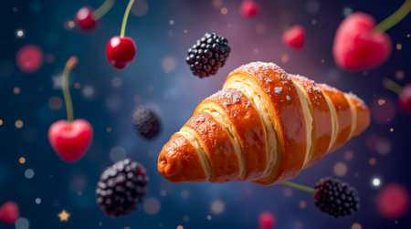 A golden croissant floats amidst a colorful array of cherries and blackberries, creating a whimsical and dreamy food composition against a cosmic background.の素材