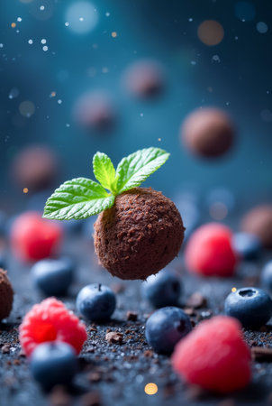 A rich chocolate truffle with a vibrant mint leaf hovers above a scattering of ripe raspberries and blueberries, creating an appealing dessert arrangement.の素材