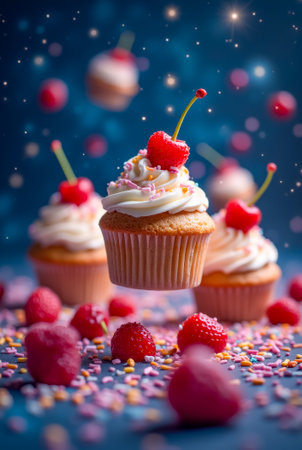 Deliciously decorated cupcakes topped with creamy frosting and cherries float above a bed of fresh raspberries and colorful sprinkles in a whimsical setting.の素材