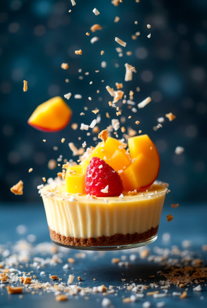 A vibrant fruit tart is showcased with fresh mango and strawberry floating above a creamy filling, set on a crumbly cookie base against a dark backdrop.の素材