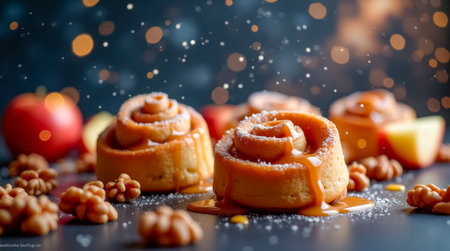 Freshly baked cinnamon rolls are topped with rich caramel, surrounded by vibrant apples and crunchy walnuts, creating an inviting dessert display.の素材