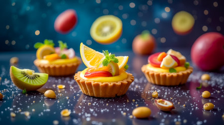 Several vibrant fruit tarts adorned with slices of kiwi, apple, and citrus sit on a dark surface, surrounded by a sprinkle of sugar and a dreamy, textured background.の素材