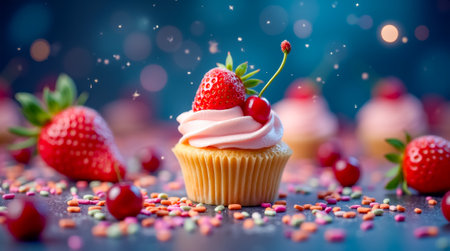 A delectable strawberry cupcake topped with a swirl of pink frosting, adorned with fresh strawberries and a cherry, is surrounded by vibrant sprinkles on a shimmering surface.の素材