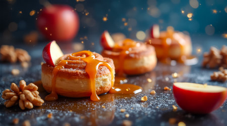Warm pastries topped with caramel, apple slices, and walnuts are arranged artistically on a dark surface, creating a cozy, inviting atmosphere perfect for autumn gatherings.の素材