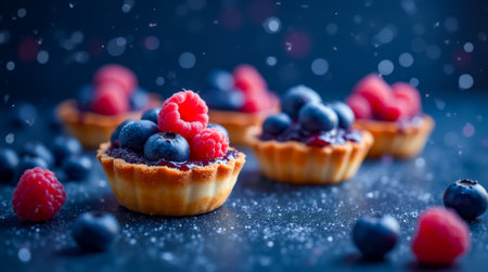 Miniature tartlets filled with rich chocolate and topped with an assortment of fresh raspberries and blueberries arranged beautifully on a dark tabletop.の素材