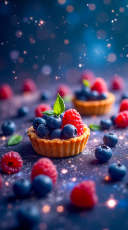 Small tarts filled with fresh raspberries and blueberries are arranged on a dark surface dusted with sugar, illuminated by soft twinkling lights.の素材