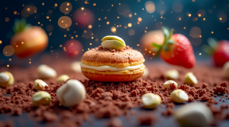 A colorful dessert featuring a macaroon topped with a pistachio sits on a bed of chocolate crumbs, surrounded by fresh strawberries and nuts, illuminated by soft bokeh.の素材