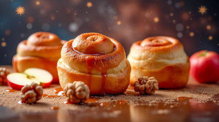 Deliciously soft cinnamon rolls topped with caramel sauce are arranged on a wooden board, accompanied by fresh apple slices and walnuts, evoking a warm, festive atmosphere.の素材