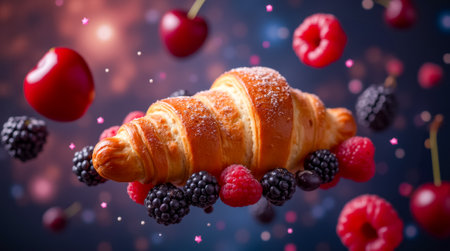 A warm croissant rests atop a bed of vibrant raspberries, blackberries, and cherries, creating an inviting and colorful culinary display.の素材