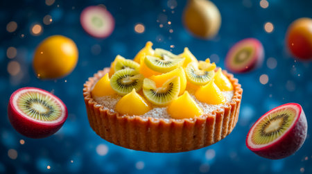 A beautifully crafted fruit tart topped with vibrant kiwi, yellow fruits, and coconut shavings is suspended in mid-air. The artistic display creates a celebratory atmosphere.の素材