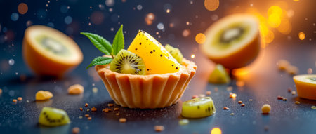 A delicious fruit tart features fresh kiwi and mango, beautifully arranged with mint leaves, set against a dark backdrop filled with soft lighting and festive sparkles.の素材