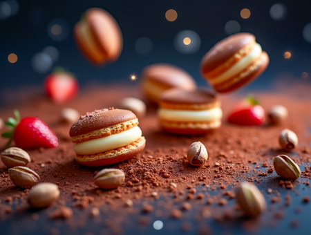 Assorted macarons with a creamy filling are artfully displayed among scattered coffee beans and fresh strawberries, creating a vibrant contrast against a dark backdrop.の素材