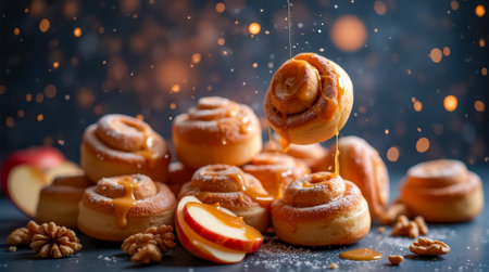 A tempting display of cinnamon rolls drizzled with caramel, surrounded by sliced apples and walnuts, captures the essence of comfort food and autumn delight.の素材