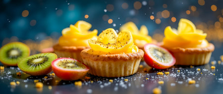 Freshly baked fruit tarts topped with creamy yellow frosting and garnished with slices of kiwi and cherry. Sprinkled sugar adds a sweet touch to the display.の素材