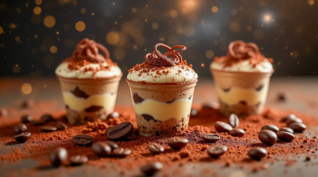 Three elegant chocolate mousse cups sit on a wooden table, decorated with cocoa powder and coffee beans, creating a warm and inviting atmosphere.の素材