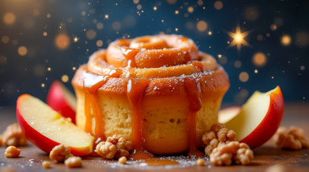 A freshly baked caramel apple cinnamon roll sits surrounded by apple slices and walnuts, glistening with syrupy caramel under soft, twinkling lights.の素材