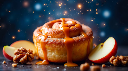 A warm caramel apple cinnamon roll sits on a dark surface, garnished with walnuts and caramel drizzle, surrounded by sparkling lights and sliced apples.の素材