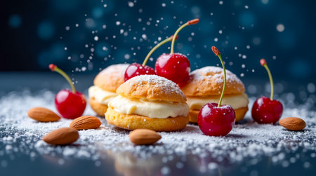 A delectable arrangement of cherry cream puffs dusted with powdered sugar, surrounded by fresh cherries and almonds, creating a tempting dessert display.の素材