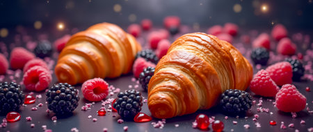 Golden croissants are artistically arranged with vibrant raspberries and blackberries scattered around, creating a tempting display on a dark surface.の素材