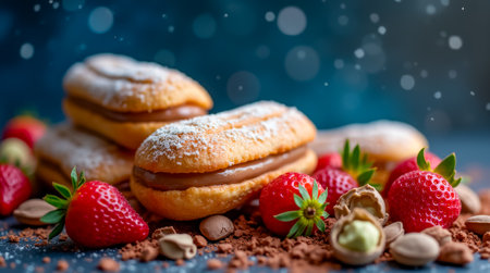 Tempting pastries filled with rich chocolate are artfully arranged alongside fresh strawberries and cocoa, creating an inviting dessert spread perfect for celebrations.の素材
