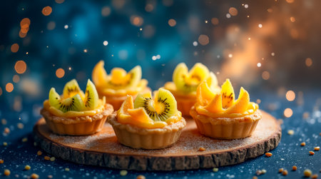 A delightful arrangement of fruit tarts topped with fresh kiwi slices and mango pieces is displayed on a wooden platter, creating a vibrant and inviting atmosphere.の素材