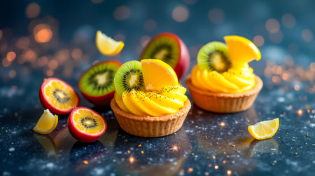 Two exquisite fruit tarts are topped with smooth mango cream and garnished with fresh kiwi, lemon, and red fruit slices, creating a colorful dessert display.の素材