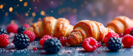 Croissants are arranged on a blue surface, surrounded by vibrant raspberries and blackberries, with sugar sprinkled around them, creating a delightful atmosphere.の素材