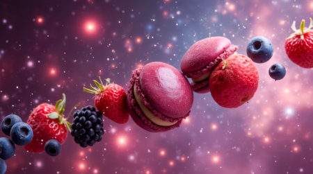 Vibrant macarons are suspended amidst an array of fresh berries, set against a cosmic backdrop filled with star-like elements and swirling colors, creating a dreamlike atmosphere.の素材