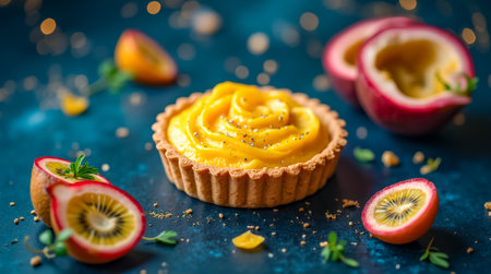 A handmade passion fruit tart sits elegantly on a blue countertop, adorned with fresh kiwi and passion fruit halves, showcasing a delectable dessert.の素材