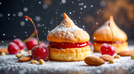 Two delightful pastries stuffed with cherry jam, lightly dusted with powdered sugar, sit next to fresh cherries and almond pieces, creating a festive winter atmosphere.の素材