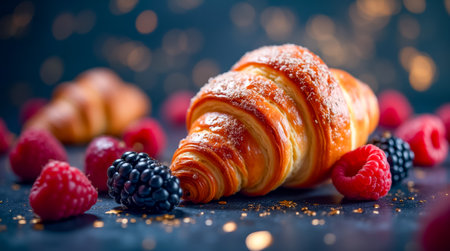 Delicious croissants are arranged on a table, complemented by vibrant raspberries and blackberries, creating an inviting and appetizing display.の素材
