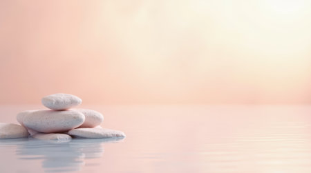 A serene arrangement of smooth white stones rests on a calm surface, creating a peaceful atmosphere as soft pastel colors illuminate the backdrop at dawn.の素材