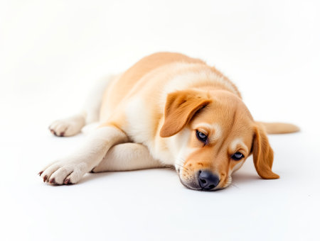 A golden retriever puppy lies peacefully on a white surface, with its eyes half-closed, embodying a calm and serene moment perfect for showing cuteness and charm.の素材