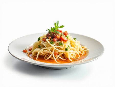 A serving of spaghetti is artistically arranged with a vibrant salsa topping made of tomatoes and garnished with fresh herbs, creating a delightful culinary experience.の素材